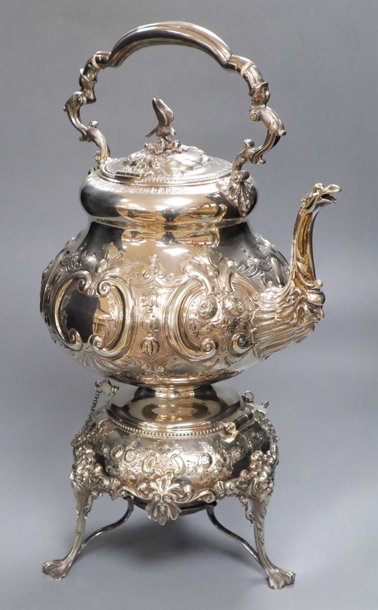 An Edwardian silver plated tea kettle, height 44cm